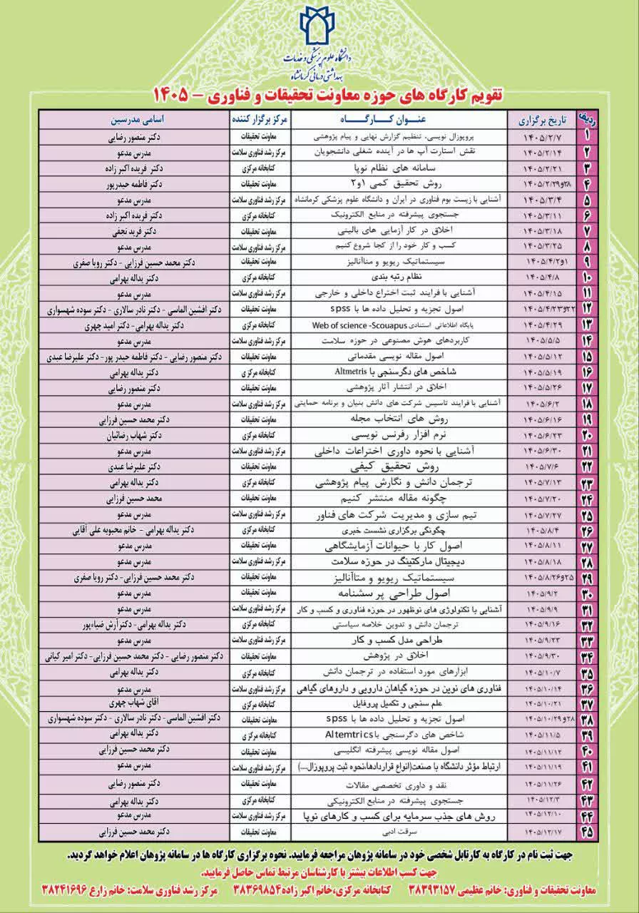 پوستر تقویم کارگاه های پژوهشی سال 1405 حوزه تحقیقات و فناوری